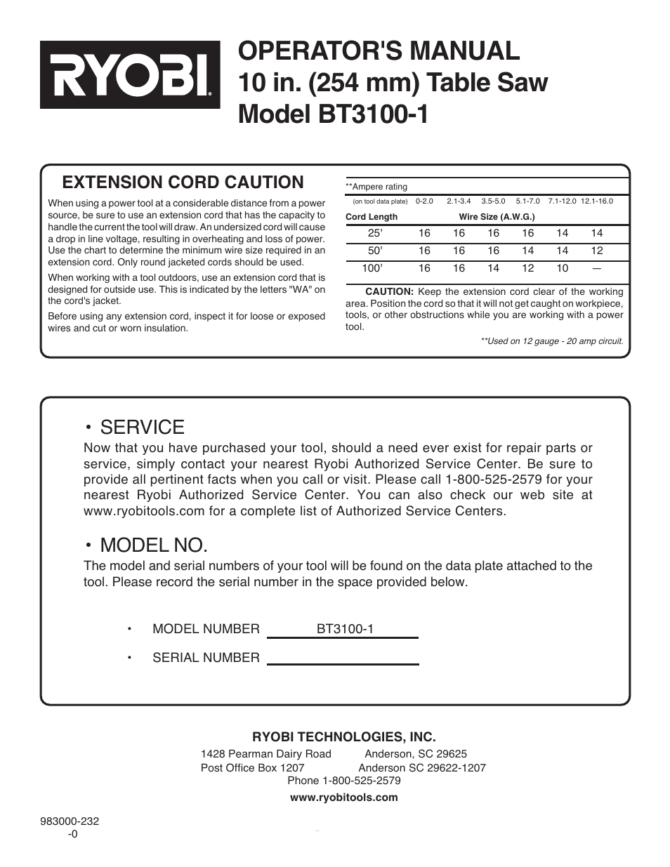 Service, Model no, Extension cord caution | Ryobi BT3100-1 User Manual | Page 52 / 52