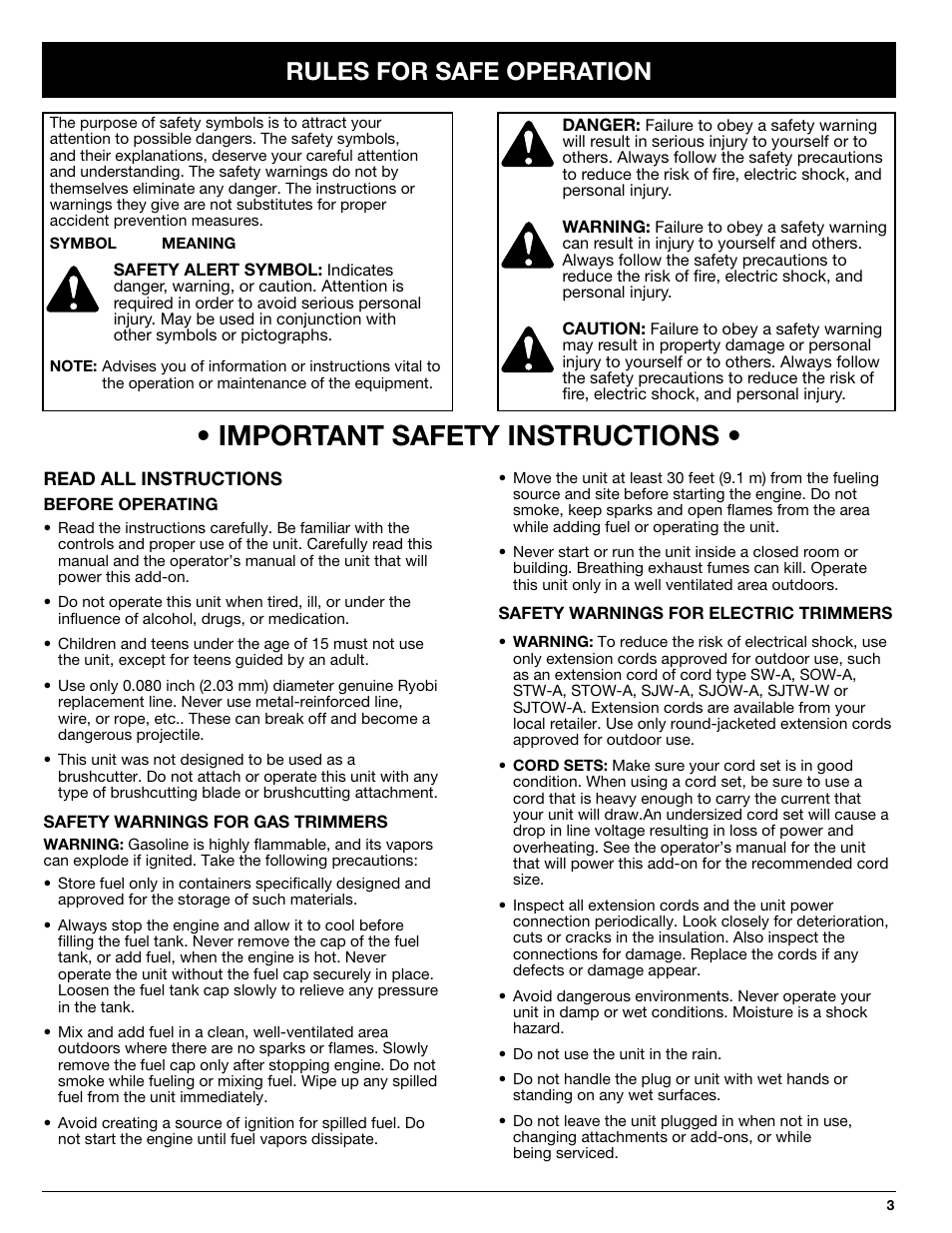 Important safety instructions, Rules for safe operation | Ryobi SS725r User Manual | Page 3 / 14