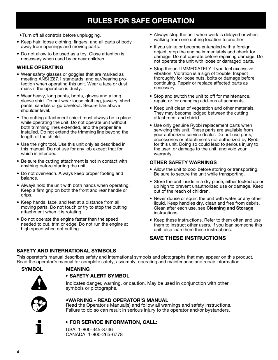 Rules for safe operation | Ryobi SS725r User Manual | Page 4 / 14