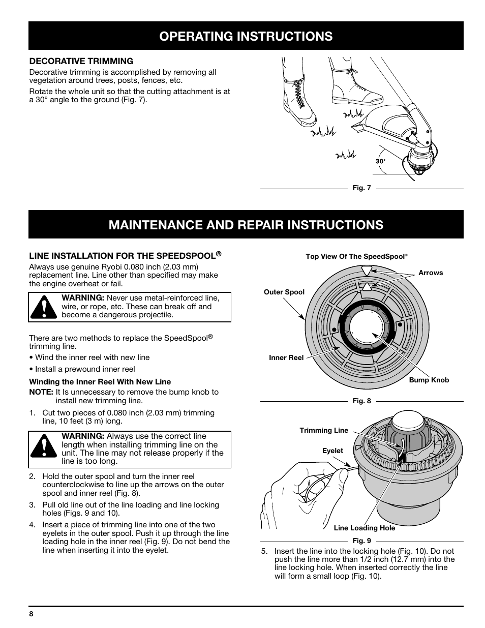 Operating instructions, Maintenance and repair instructions | Ryobi SS725r User Manual | Page 8 / 14