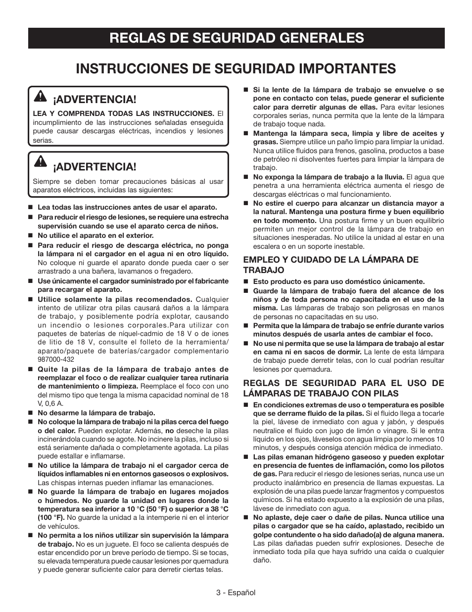 Reglas de seguridad generales, Instrucciones de seguridad importantes, Advertencia | Ryobi P700 User Manual | Page 11 / 16