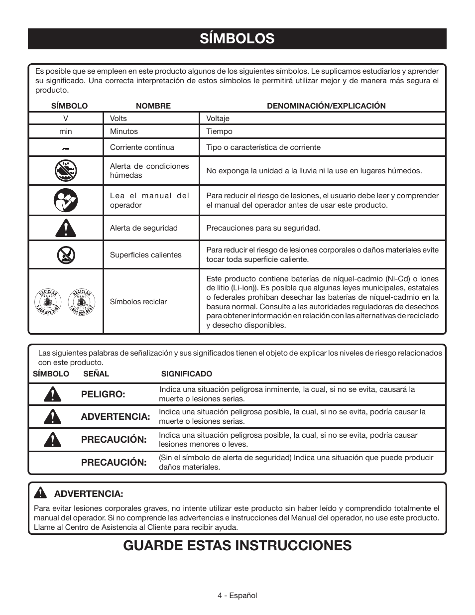 Guarde estas instrucciones, Símbolos | Ryobi P700 User Manual | Page 12 / 16