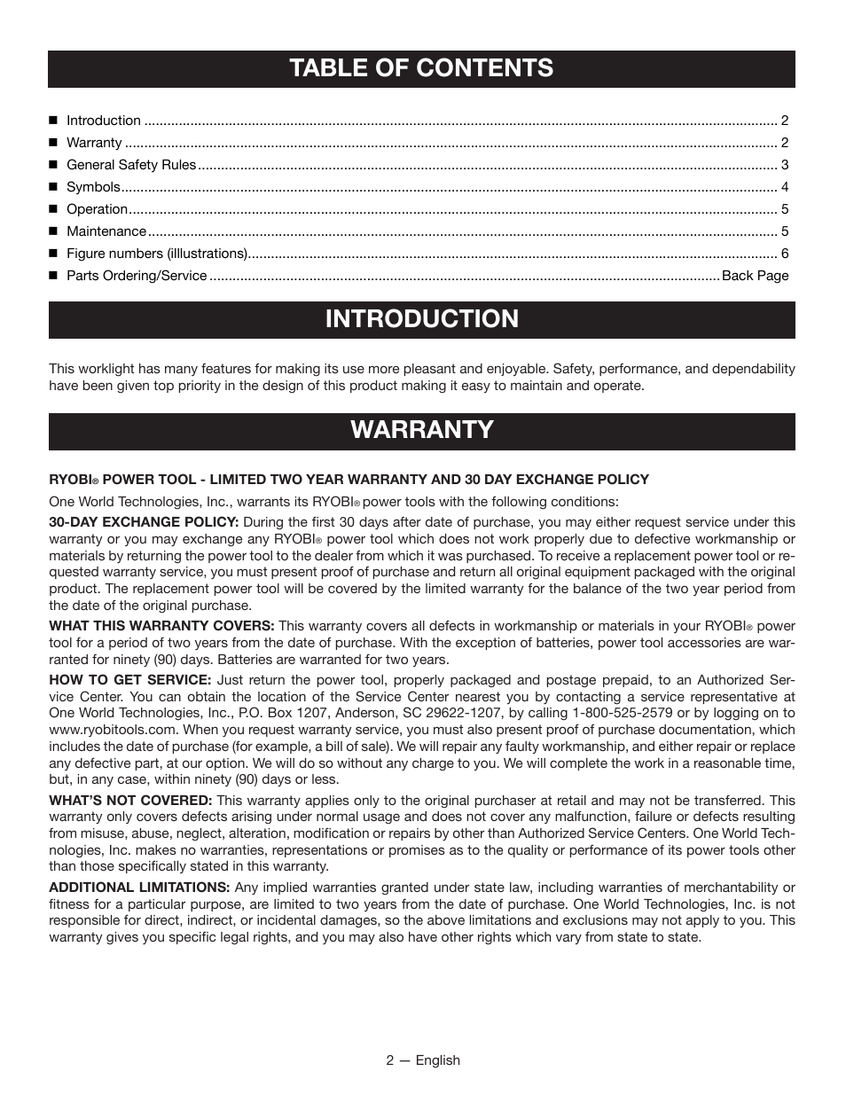 Table of contents introduction, Warranty | Ryobi P700 User Manual | Page 2 / 16