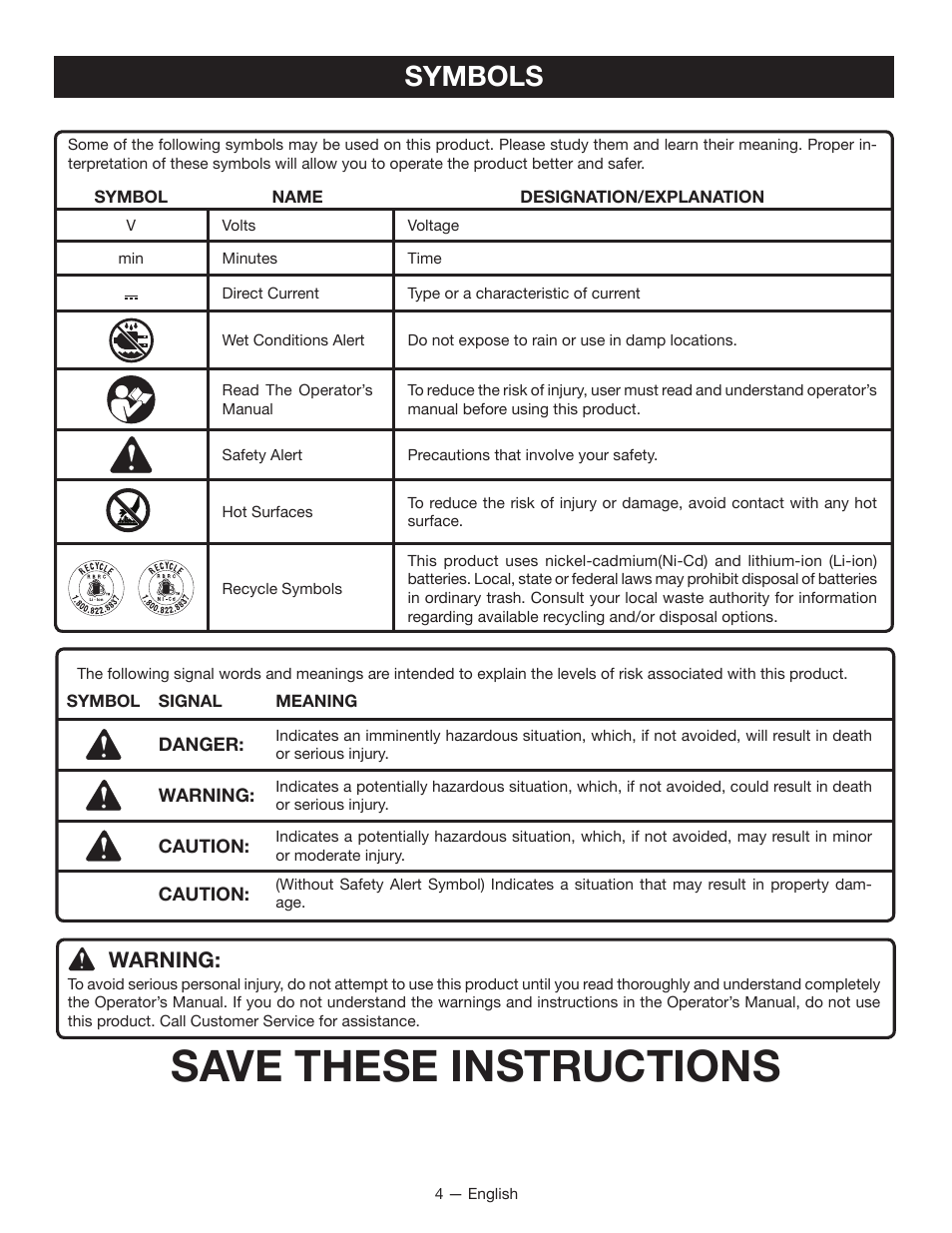 Save these instructions, Symbols, Warning | Ryobi P700 User Manual | Page 4 / 16