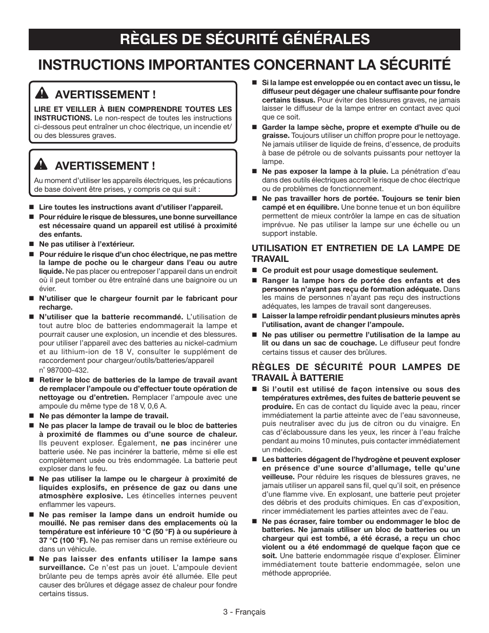 Règles de sécurité générales, Instructions importantes concernant la sécurité, Avertissement | Ryobi P700 User Manual | Page 7 / 16