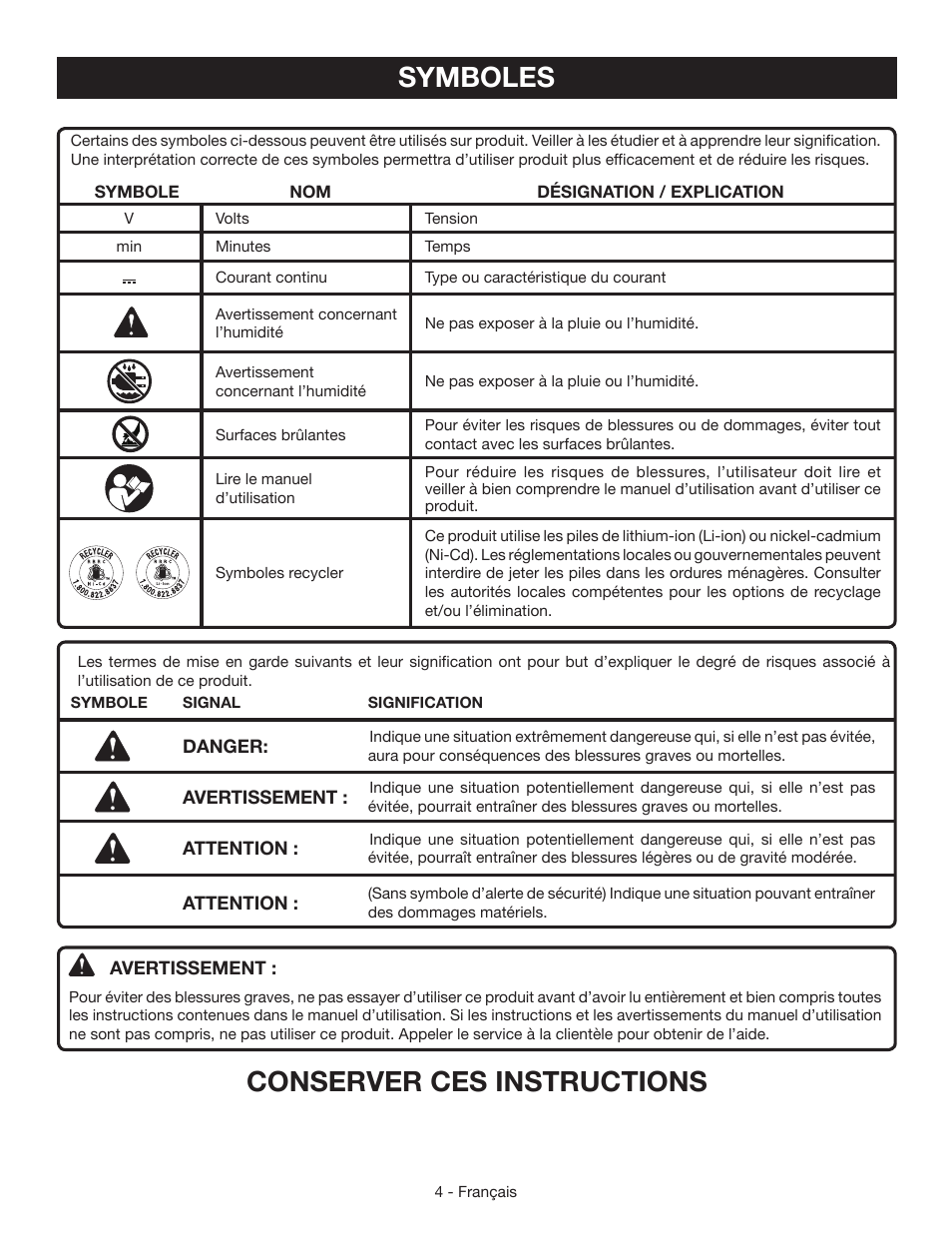 Conserver ces instructions, Symboles | Ryobi P700 User Manual | Page 8 / 16
