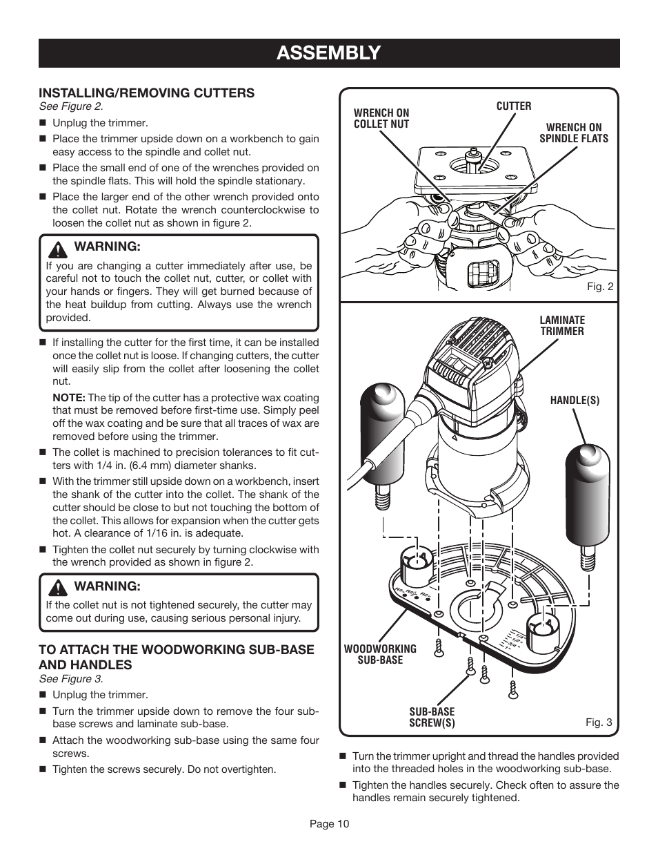 Assembly, Installing/removing cutters, Warning | Ryobi TR45K User Manual | Page 10 / 20