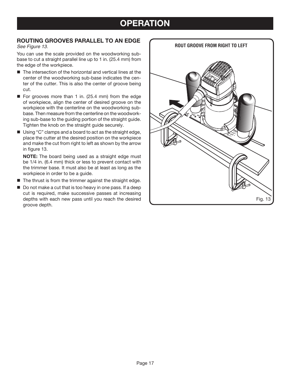 Operation, Routing grooves parallel to an edge | Ryobi TR45K User Manual | Page 17 / 20