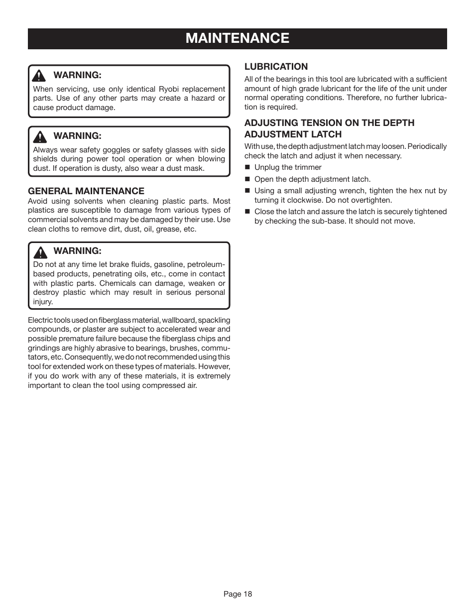 Maintenance | Ryobi TR45K User Manual | Page 18 / 20