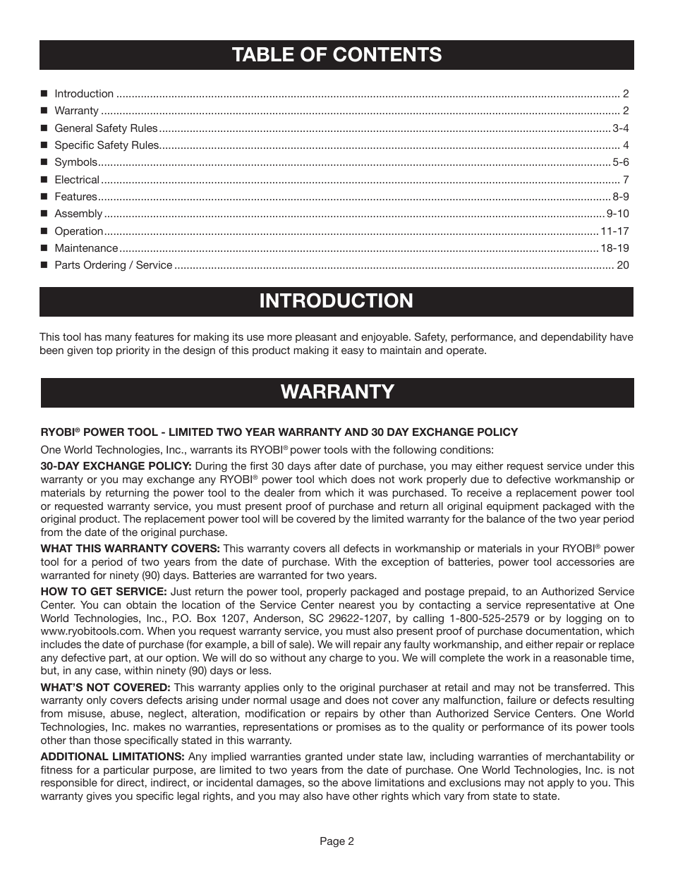 Table of contents introduction, Warranty | Ryobi TR45K User Manual | Page 2 / 20