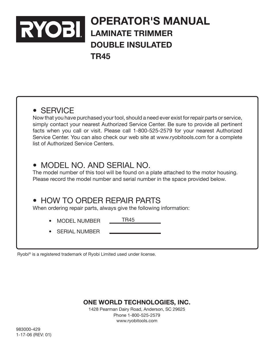 Operator's manual, Service, Model no. and serial no | How to order repair parts, Laminate trimmer double insulated tr45 | Ryobi TR45K User Manual | Page 20 / 20