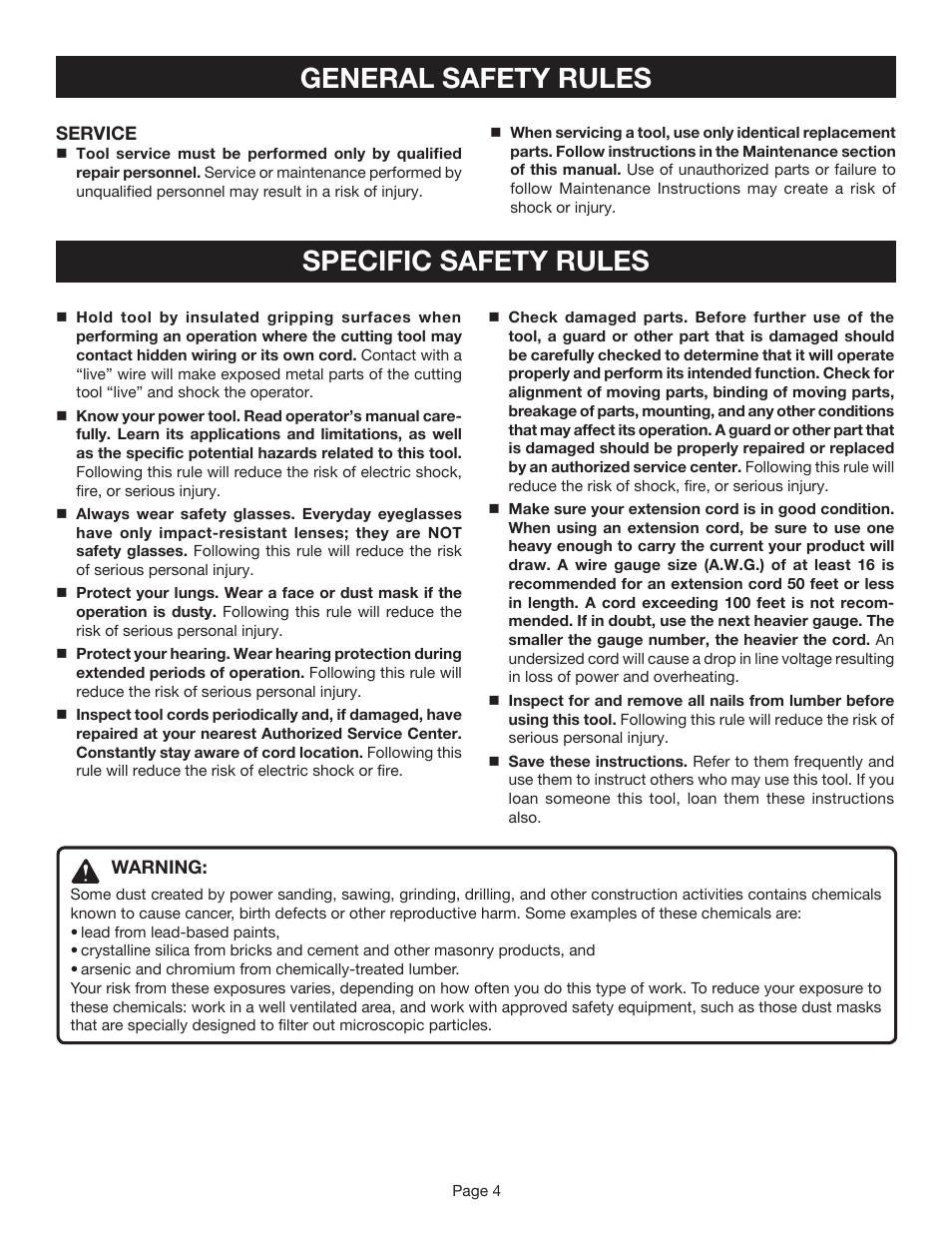 General safety rules specific safety rules | Ryobi TR45K User Manual | Page 4 / 20