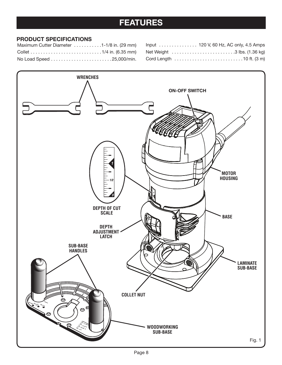 Features, Product specifications | Ryobi TR45K User Manual | Page 8 / 20