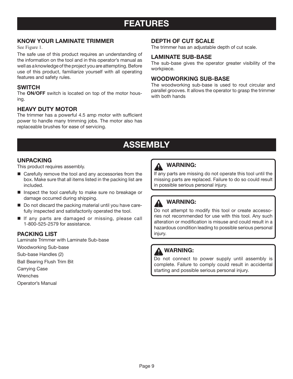Features, Assembly | Ryobi TR45K User Manual | Page 9 / 20