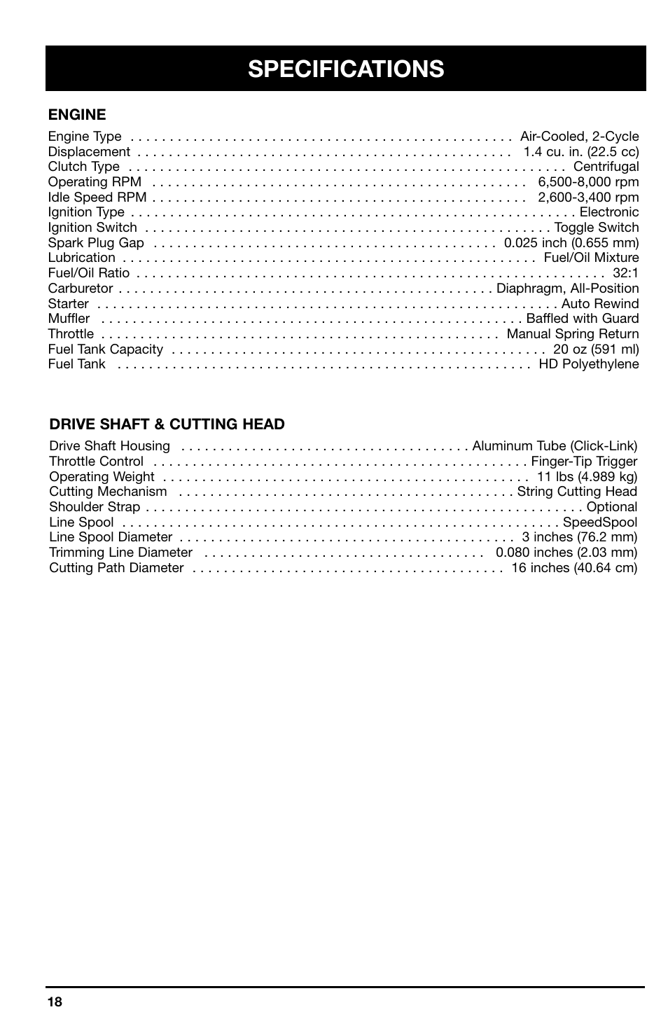 Specifications | Ryobi 2075r User Manual | Page 18 / 20