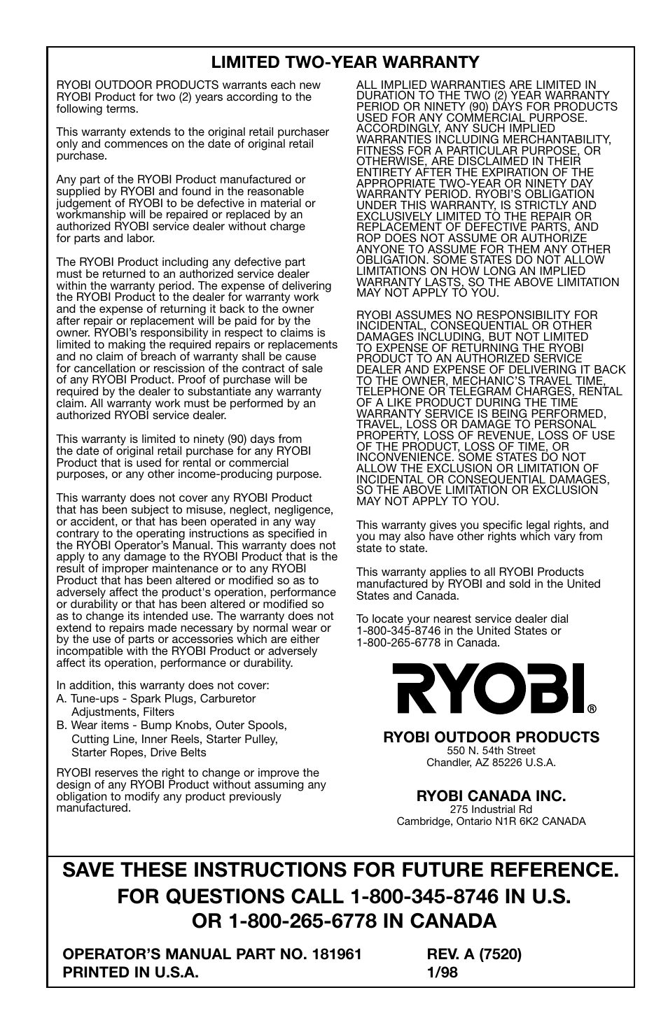Limited two-year warranty | Ryobi 2075r User Manual | Page 20 / 20