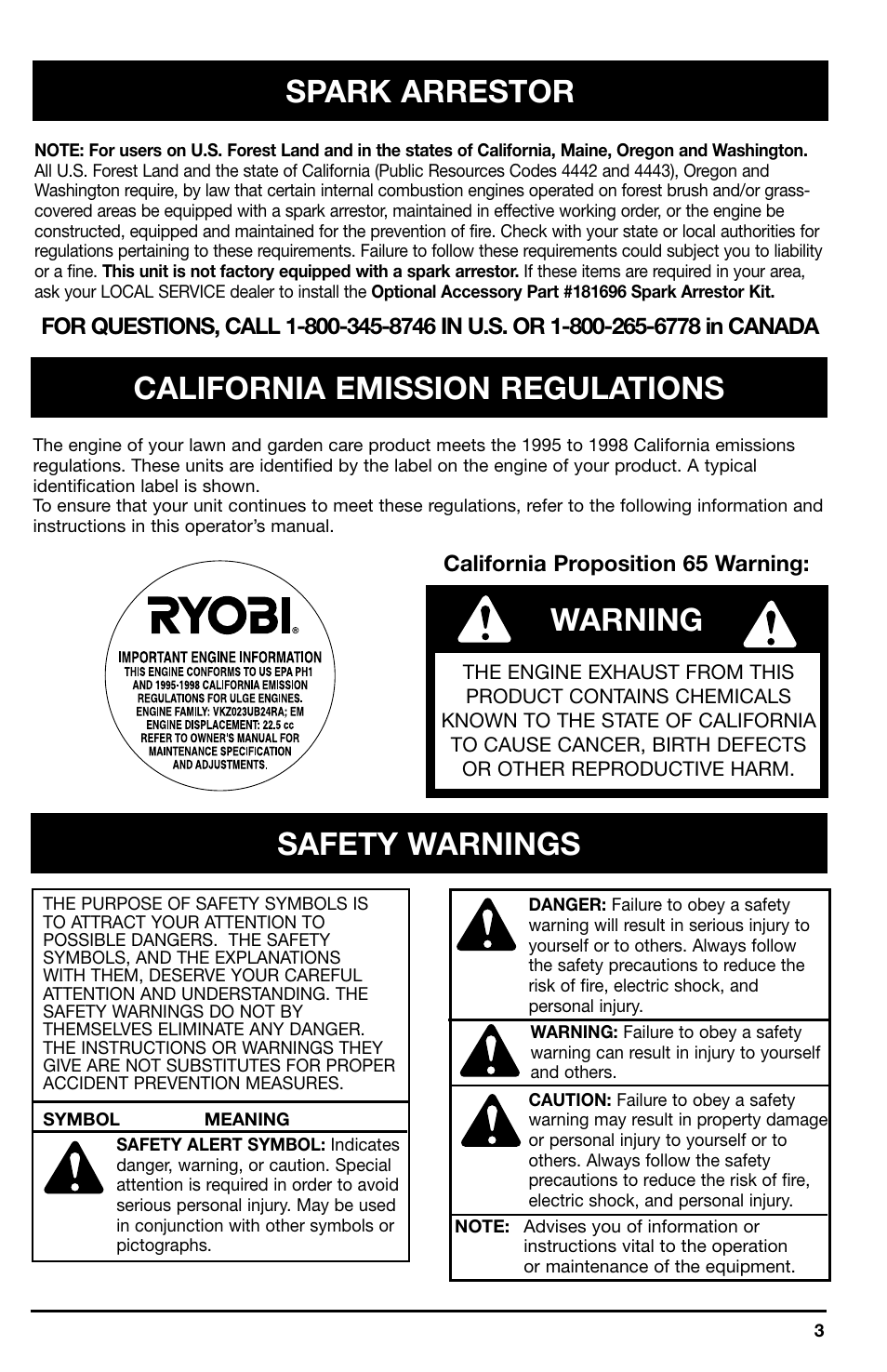 Warning | Ryobi 2075r User Manual | Page 3 / 20