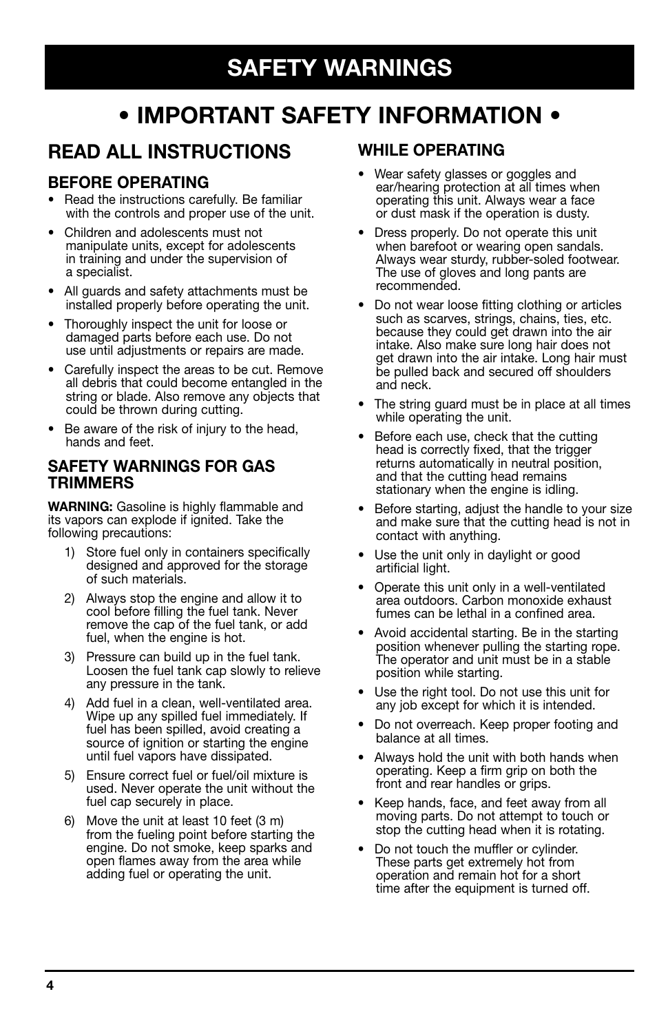Safety warnings, Important safety information, Read all instructions | While operating, Before operating, Safety warnings for gas trimmers | Ryobi 2075r User Manual | Page 4 / 20