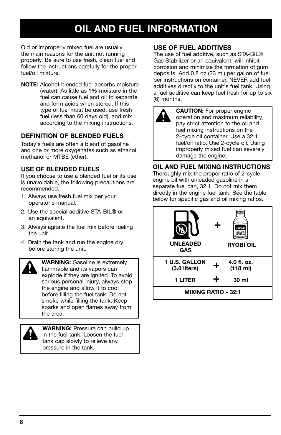 Oil and fuel information | Ryobi 2075r User Manual | Page 8 / 20