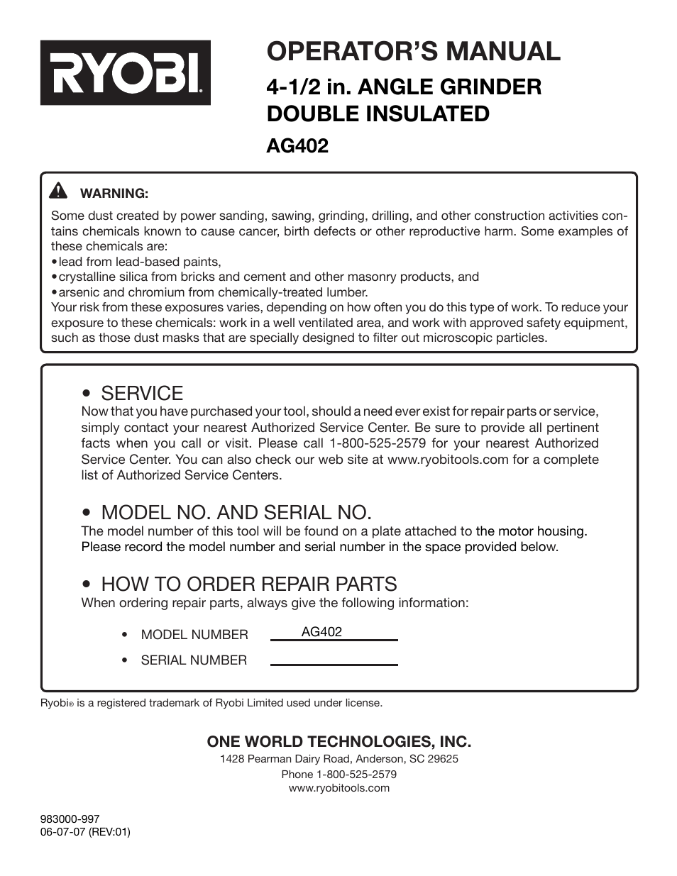 Operator’s manual, 1/2 in. angle grinder double insulated, Service | Model no. and serial no, How to order repair parts, Ag402 | Ryobi AG402 User Manual | Page 14 / 14