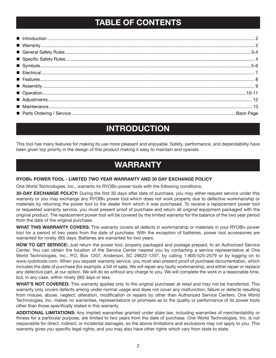 Table of contents introduction, Warranty | Ryobi AG402 User Manual | Page 2 / 14