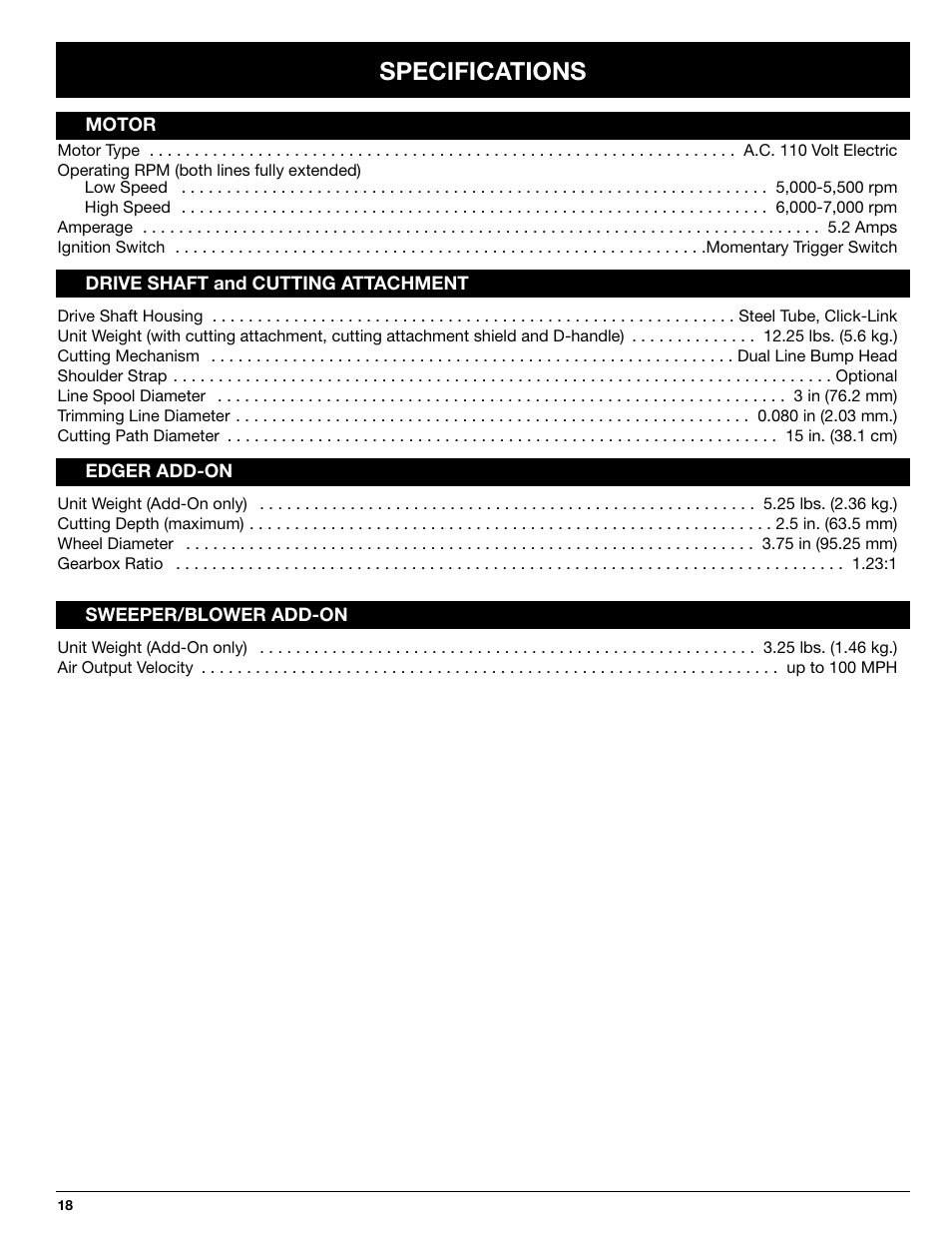 Specifications | Ryobi 130rEB User Manual | Page 18 / 20