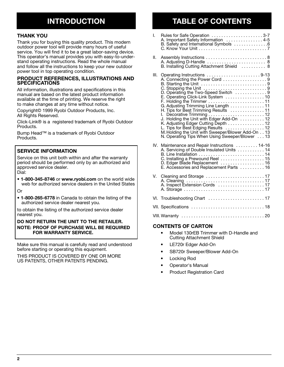 Introduction table of contents | Ryobi 130rEB User Manual | Page 2 / 20