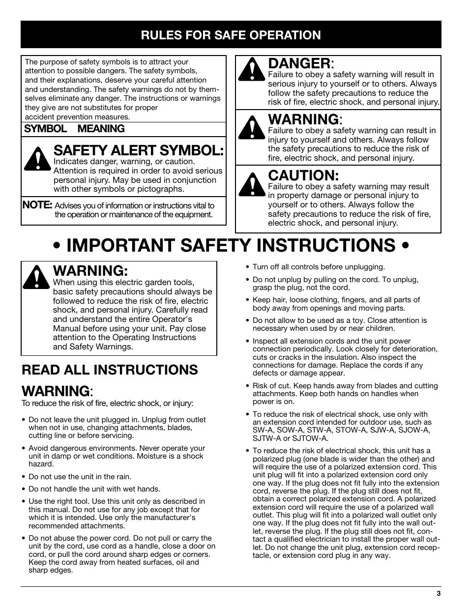 Important safety instructions, Safety alert symbol, Danger | Warning, Caution, Read all instructions, Rules for safe operation | Ryobi 130rEB User Manual | Page 3 / 20