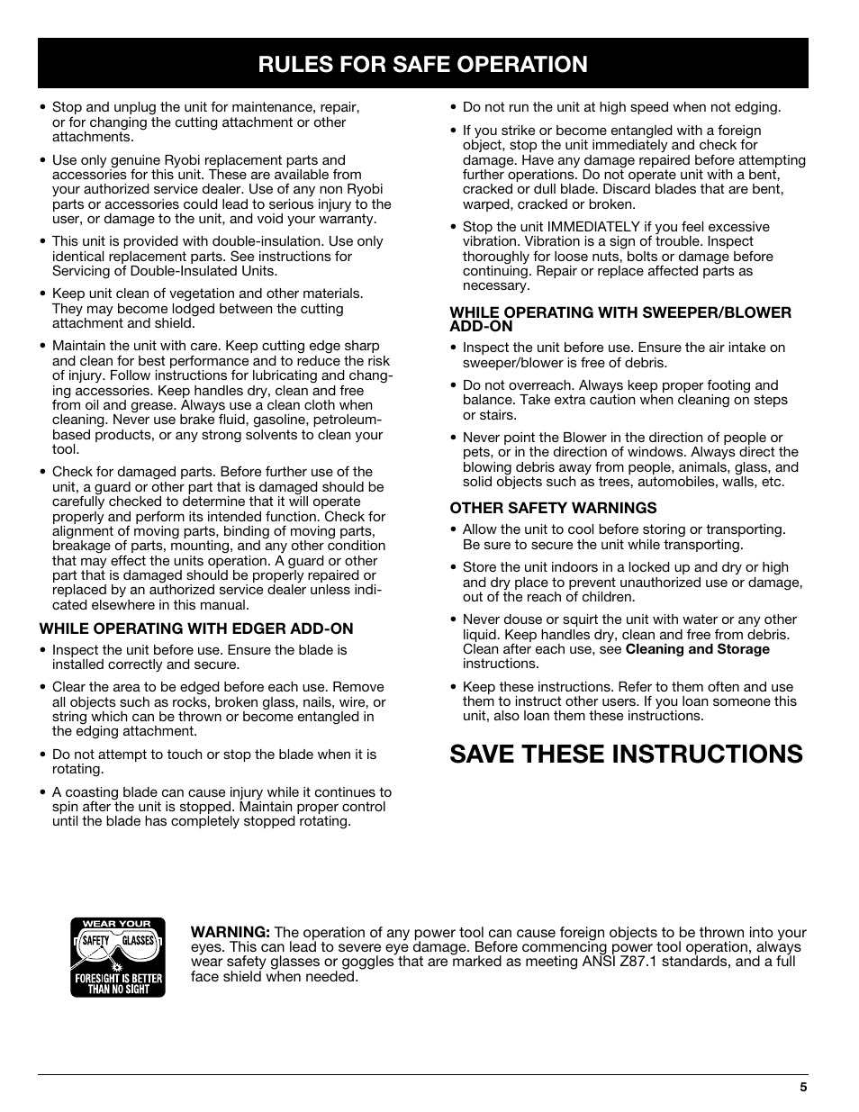 Save these instructions, Rules for safe operation | Ryobi 130rEB User Manual | Page 5 / 20