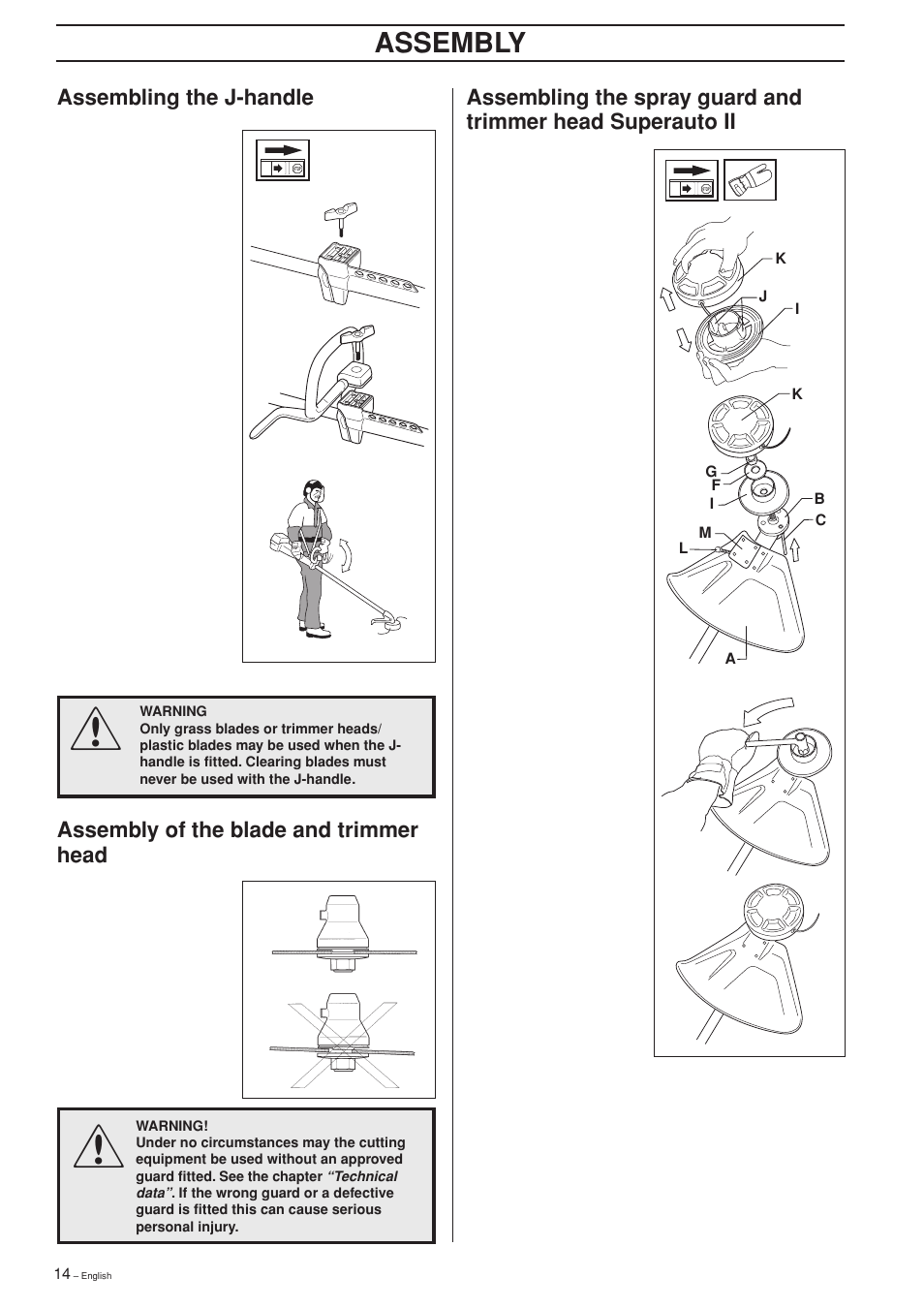 Assembly, Assembling the j-handle, Assembly of the blade and trimmer head | Ryobi 240RJ User Manual | Page 14 / 37
