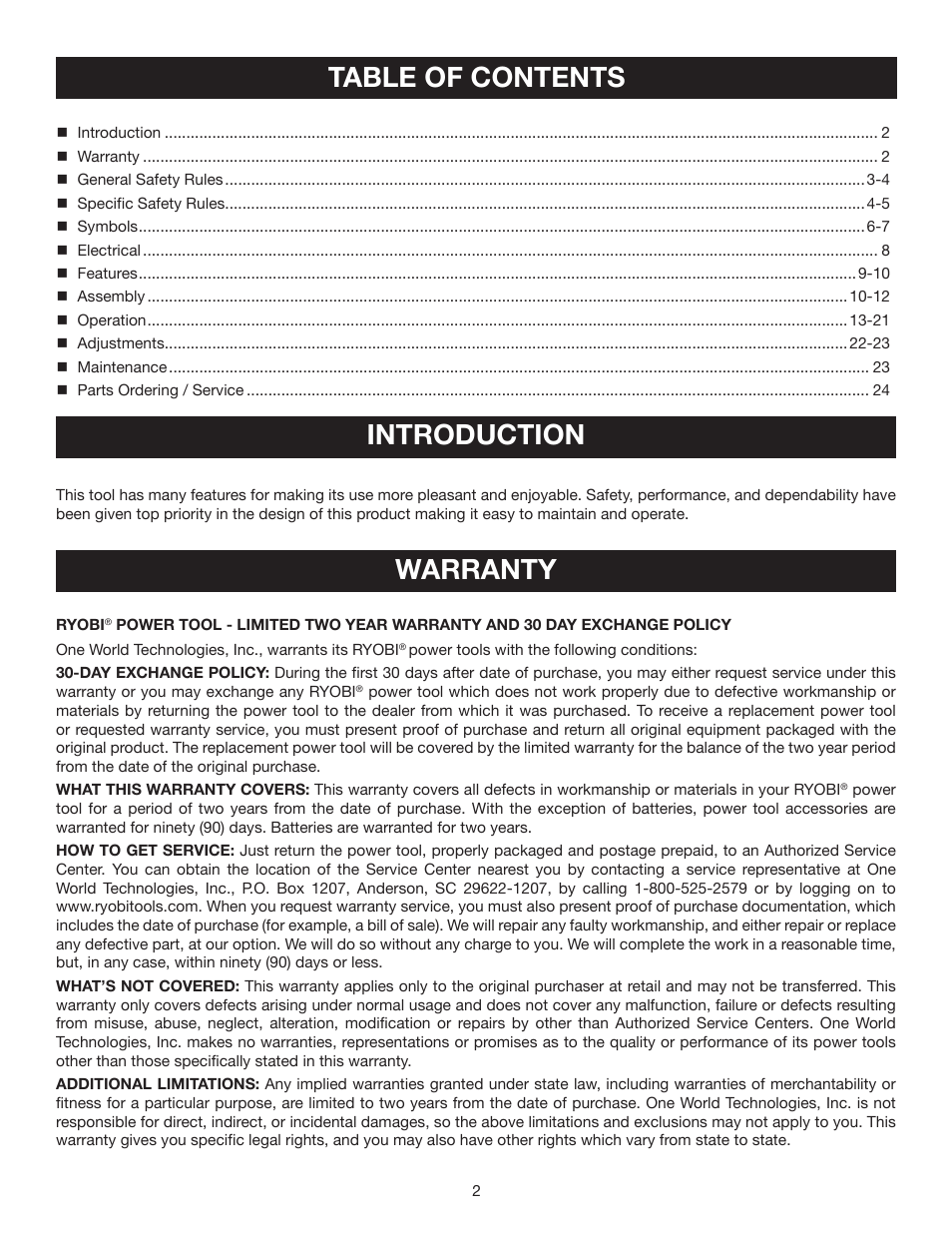 Table of contents introduction, Warranty | Ryobi CSB141LZ User Manual | Page 2 / 24