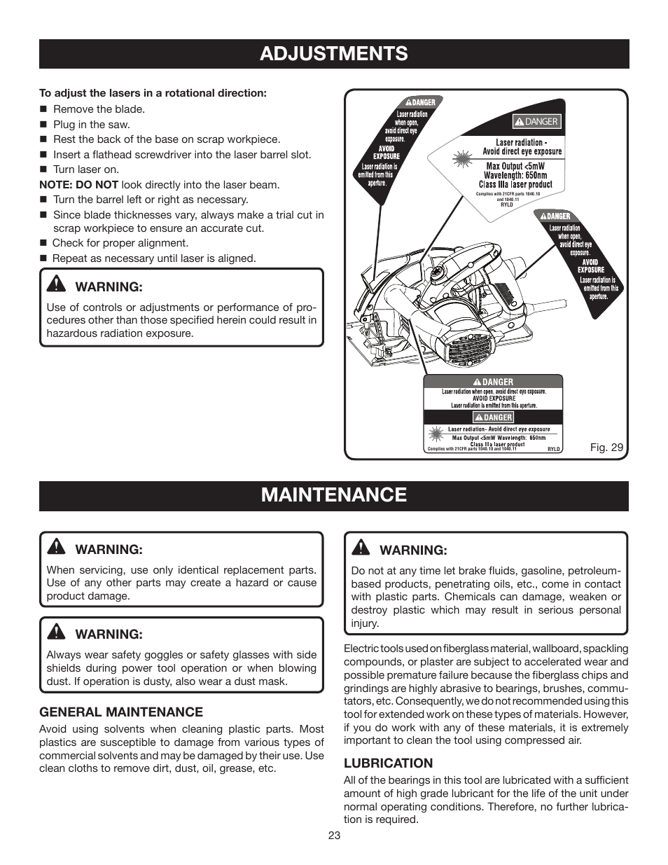 Adjustments, Maintenance, Warning | Lubrication, General maintenance, 23 fig. 29 | Ryobi CSB141LZ User Manual | Page 23 / 24