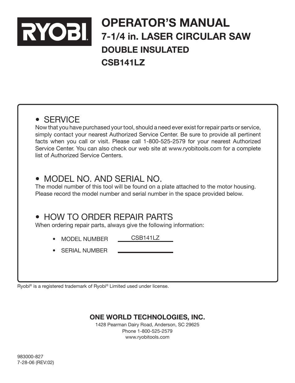 Operator’s manual, 1/4 in. laser circular saw, Service | Model no. and serial no, How to order repair parts, Double insulated csb141lz | Ryobi CSB141LZ User Manual | Page 24 / 24