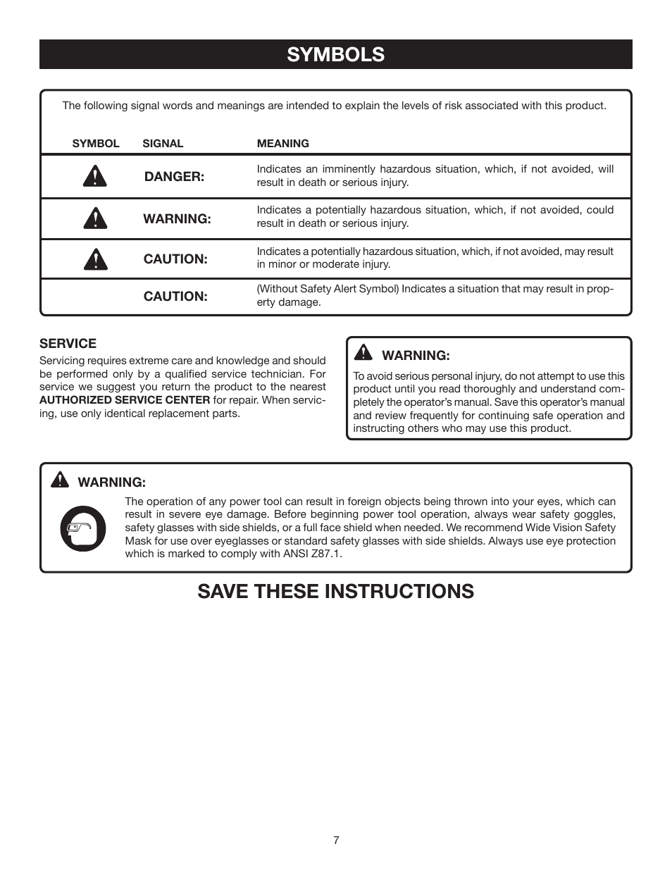 Symbols, Save these instructions | Ryobi CSB141LZ User Manual | Page 7 / 24