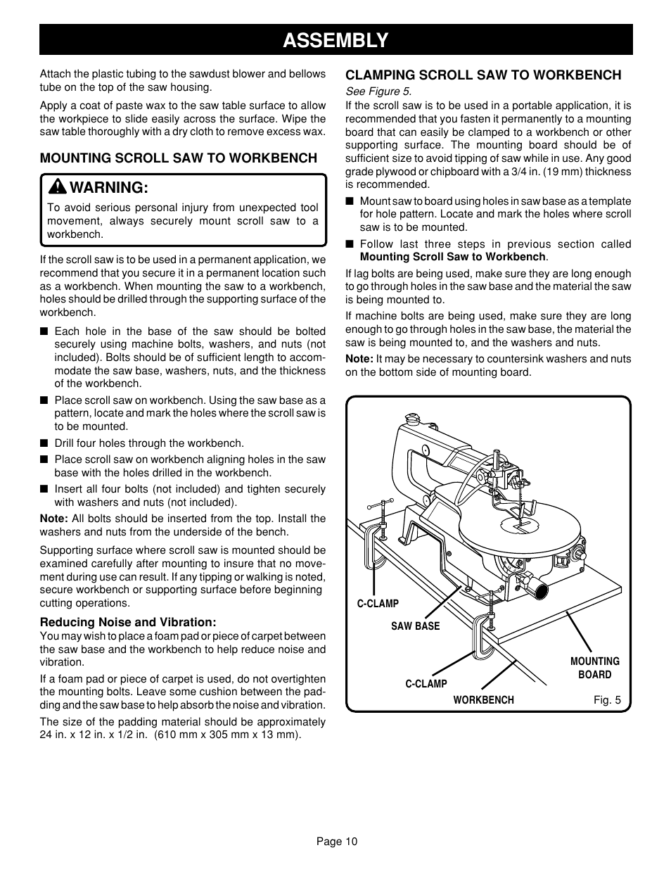 Assembly, Warning | Ryobi SC164VS User Manual | Page 10 / 20
