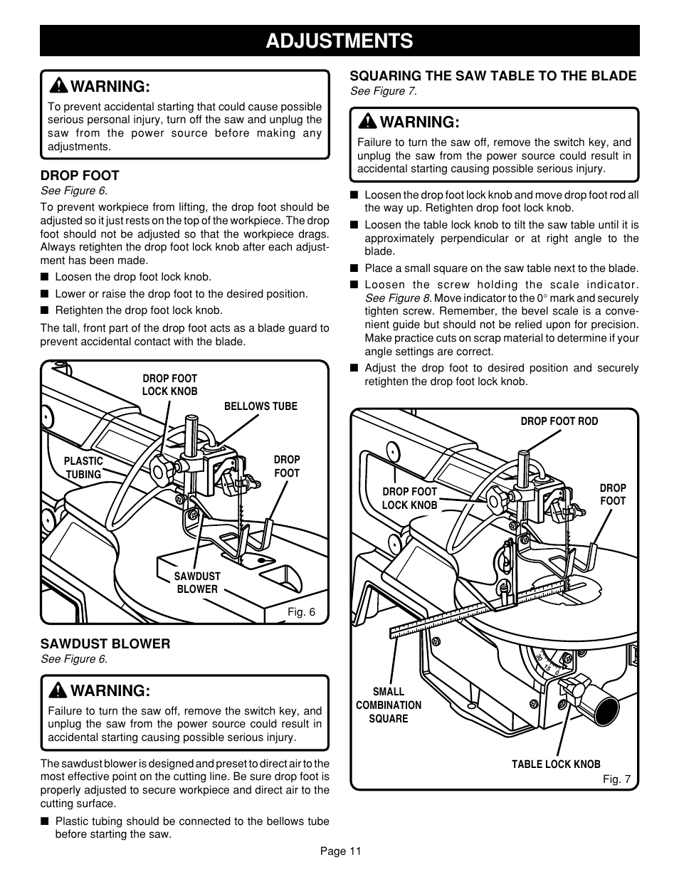 Adjustments, Warning | Ryobi SC164VS User Manual | Page 11 / 20