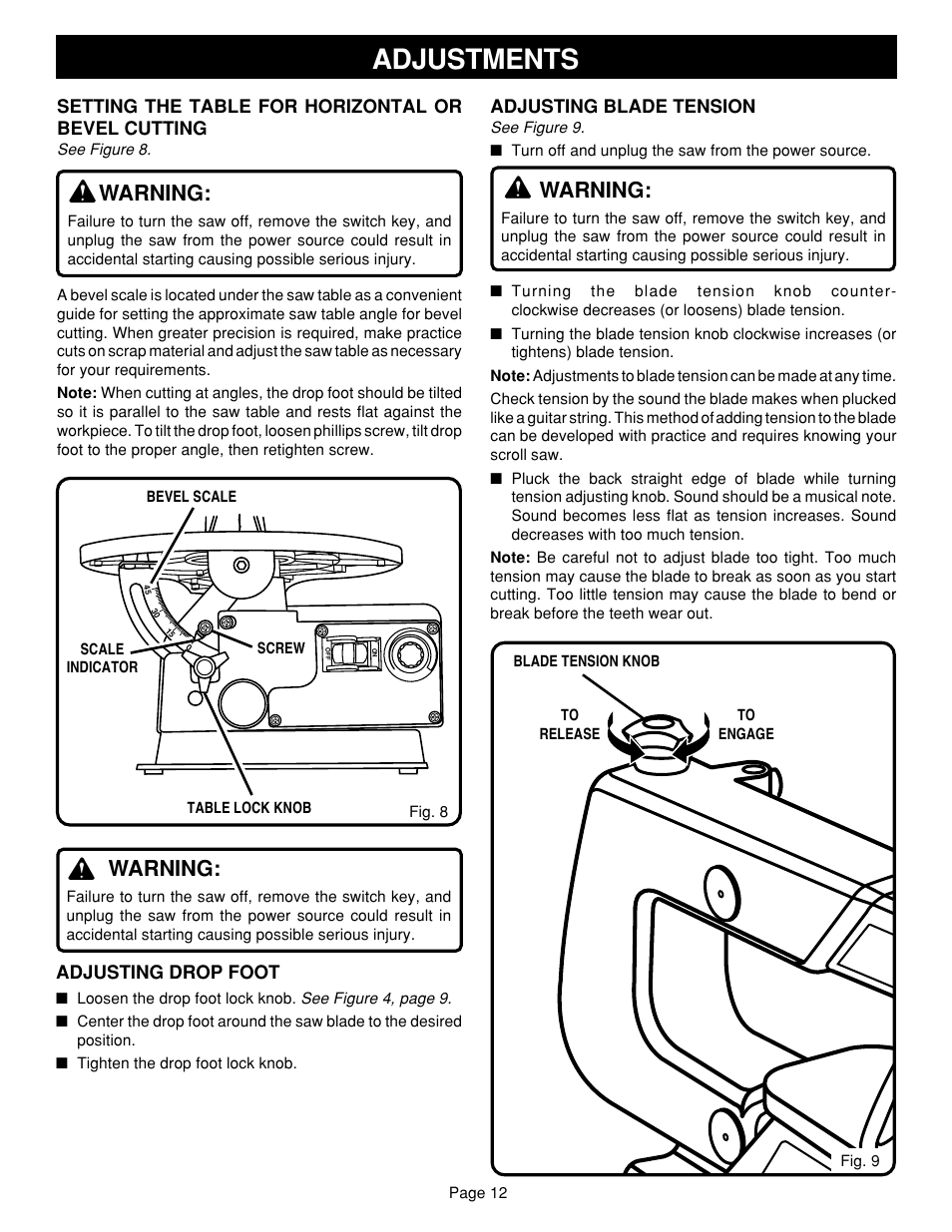 Adjustments, Warning | Ryobi SC164VS User Manual | Page 12 / 20