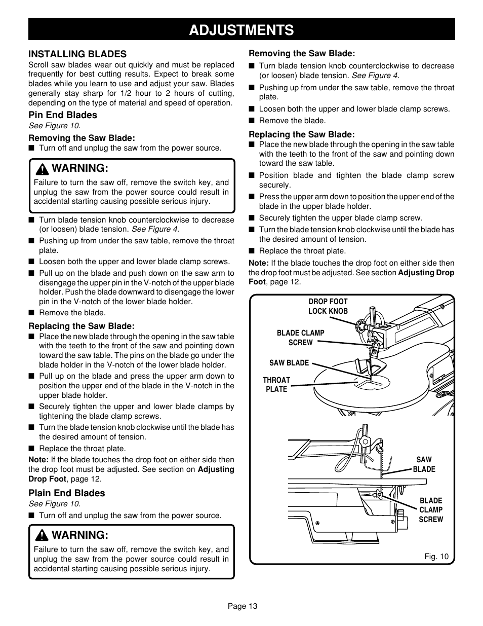 Adjustments, Warning | Ryobi SC164VS User Manual | Page 13 / 20