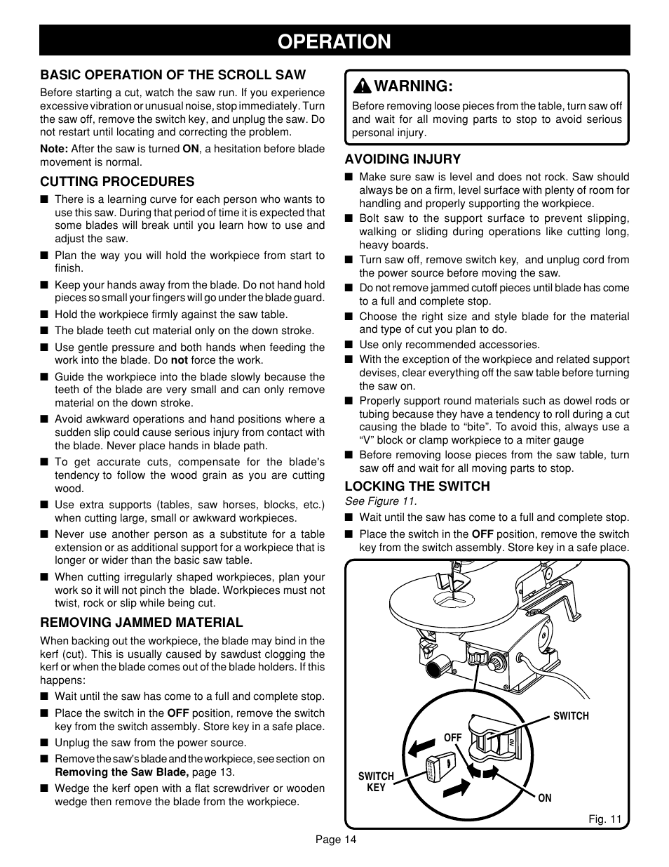 Operation, Warning | Ryobi SC164VS User Manual | Page 14 / 20