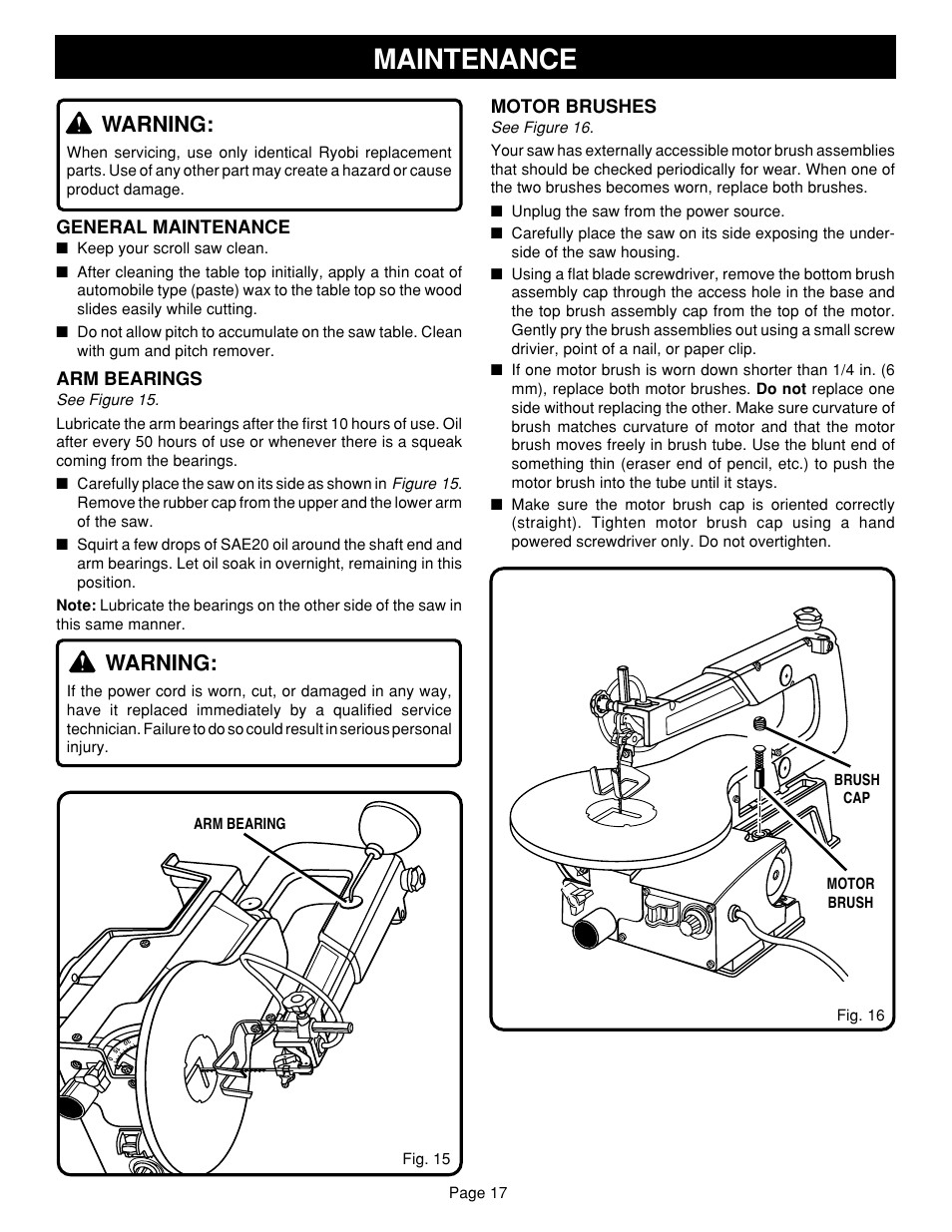 Maintenance, Warning | Ryobi SC164VS User Manual | Page 17 / 20