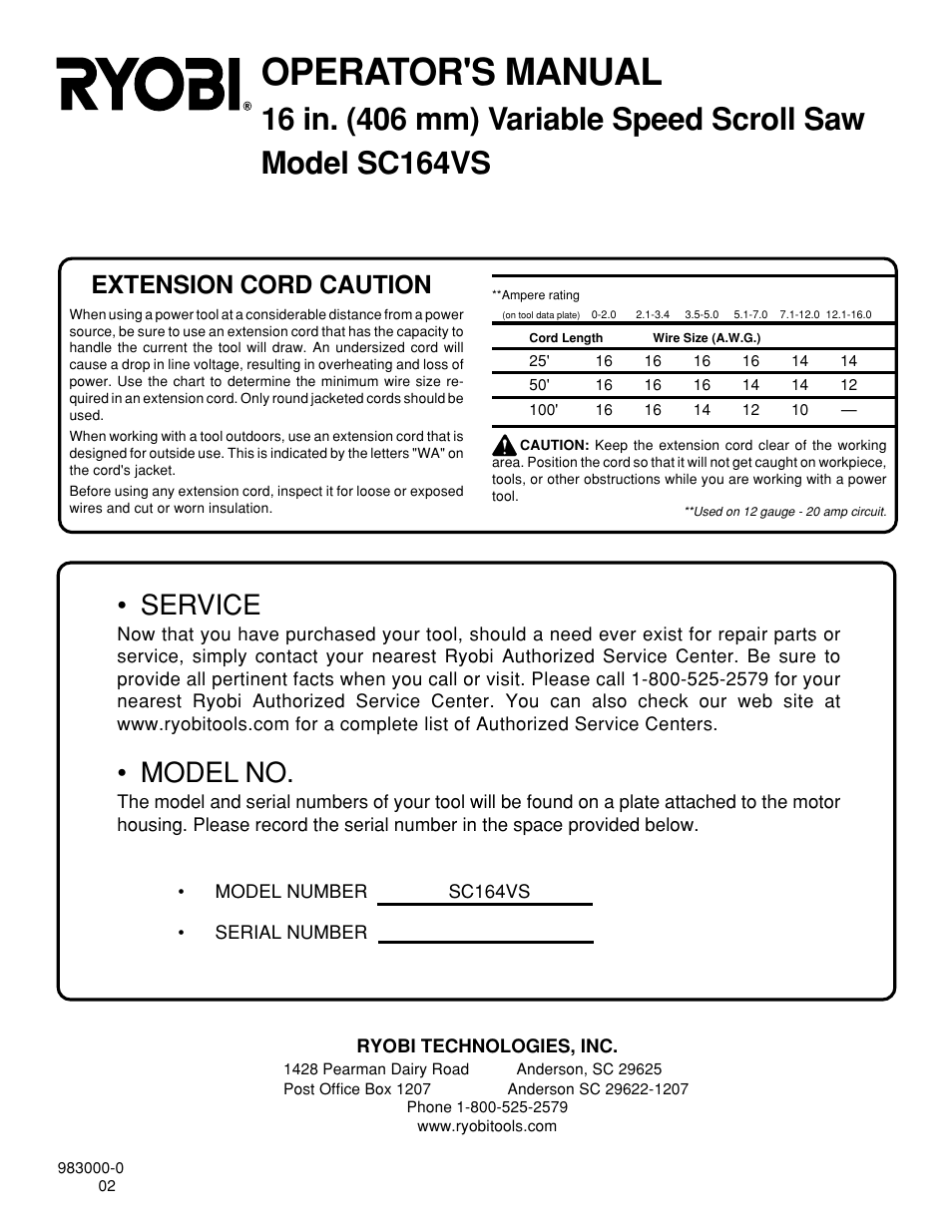 Operator's manual, Service, Model no | Extension cord caution | Ryobi SC164VS User Manual | Page 20 / 20