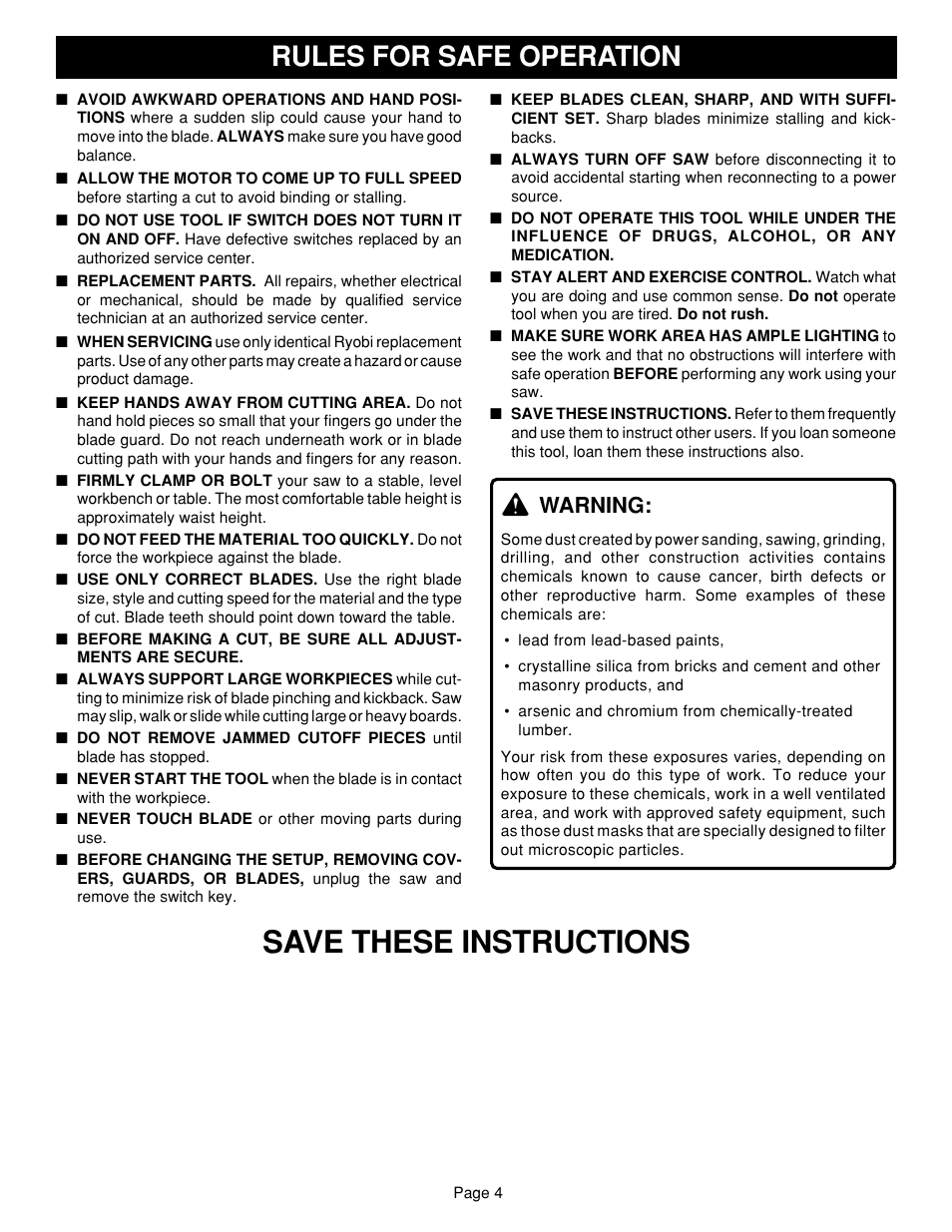 Save these instructions, Rules for safe operation, Warning | Ryobi SC164VS User Manual | Page 4 / 20