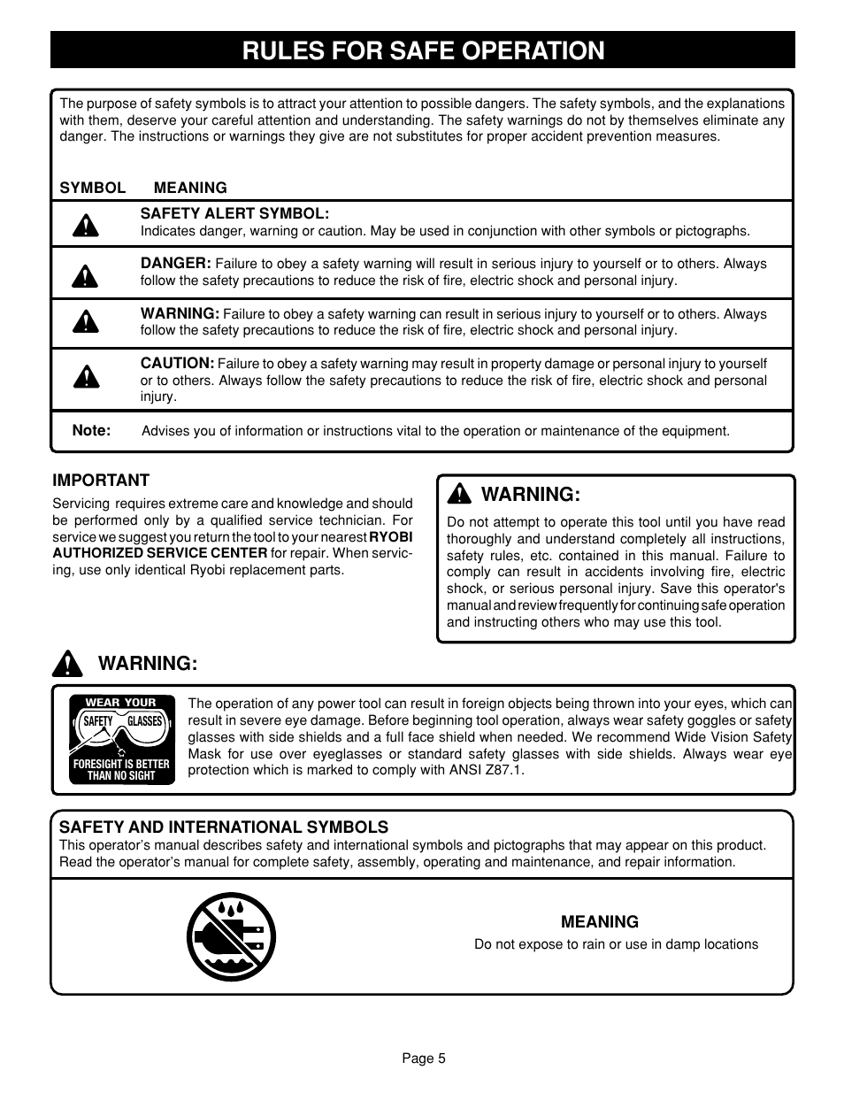 Rules for safe operation, Warning | Ryobi SC164VS User Manual | Page 5 / 20