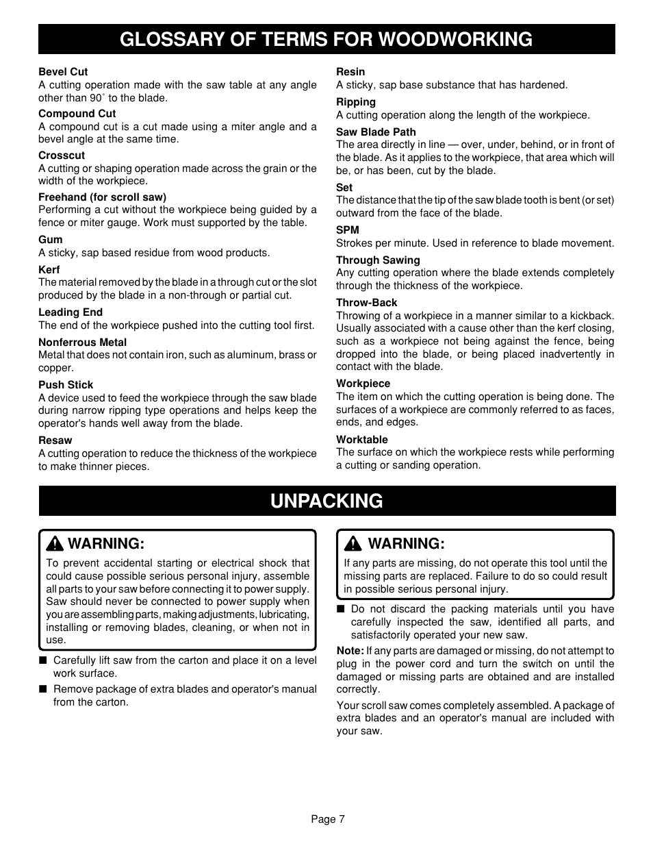 Glossary of terms for woodworking, Unpacking, Warning | Ryobi SC164VS User Manual | Page 7 / 20
