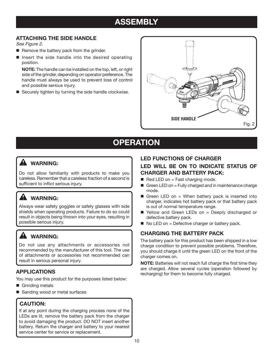 Assembly, Operation | Ryobi P420 User Manual | Page 10 / 18