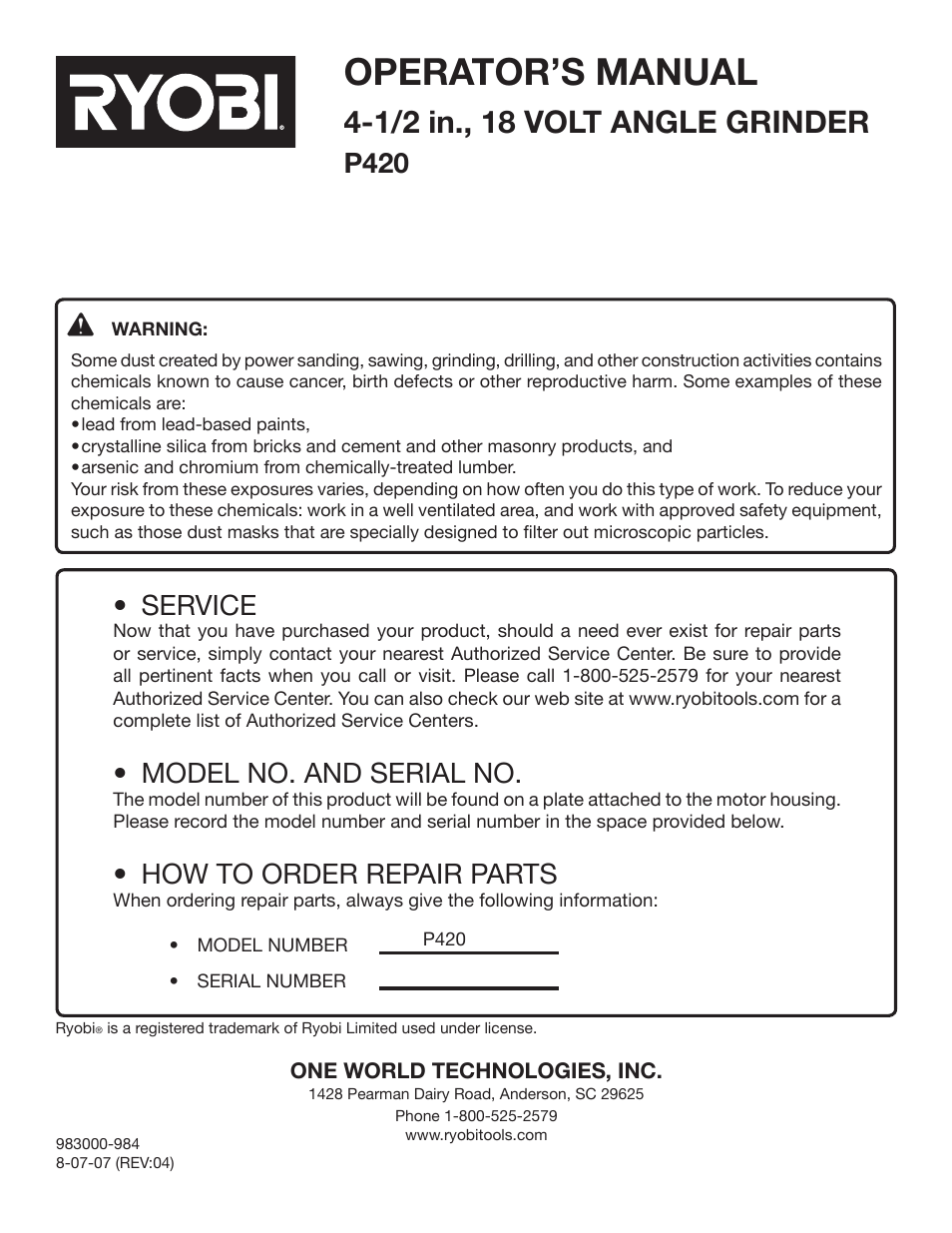 Operator’s manual, 1/2 in., 18 volt angle grinder, P420 • service | Model no. and serial no, How to order repair parts | Ryobi P420 User Manual | Page 18 / 18
