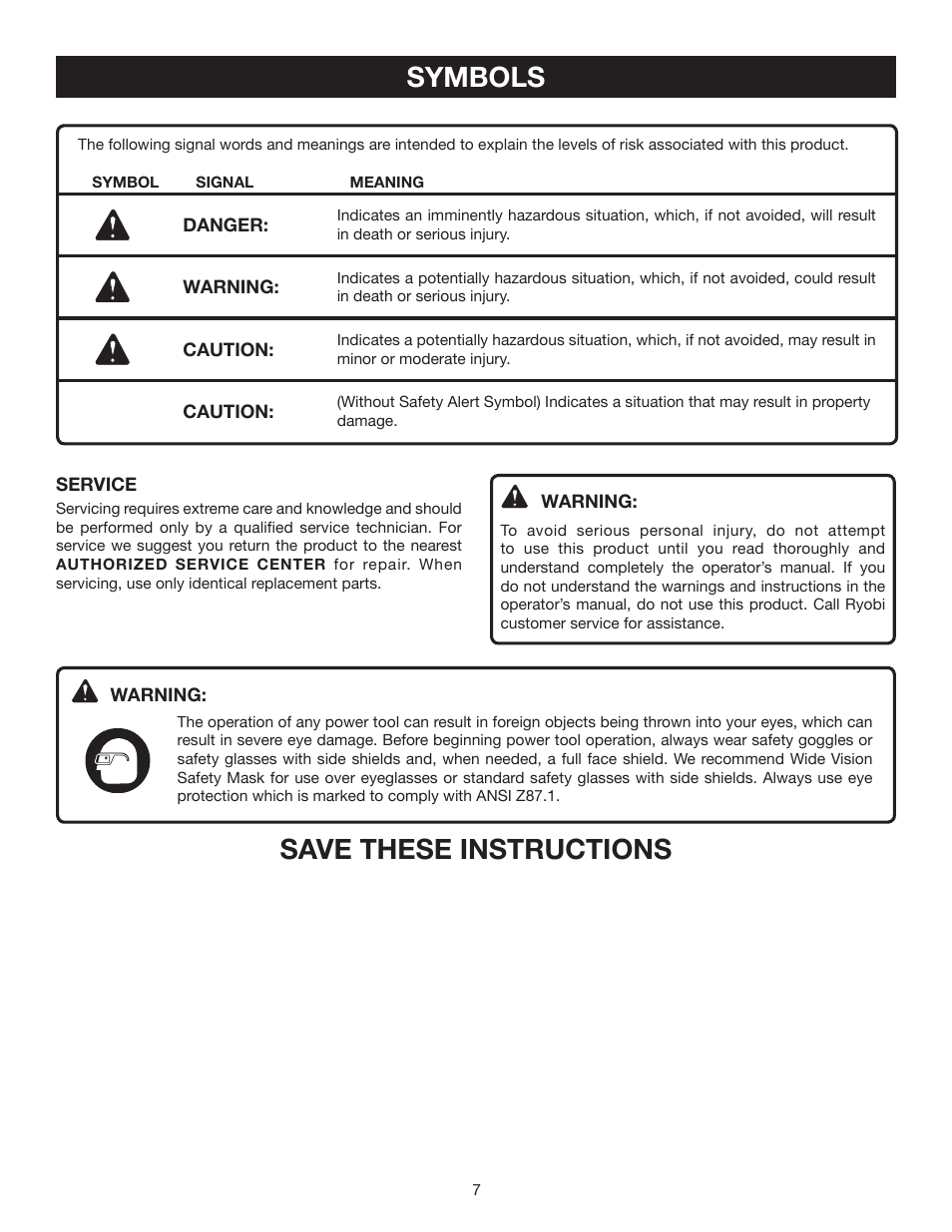 Symbols, Save these instructions | Ryobi P420 User Manual | Page 7 / 18