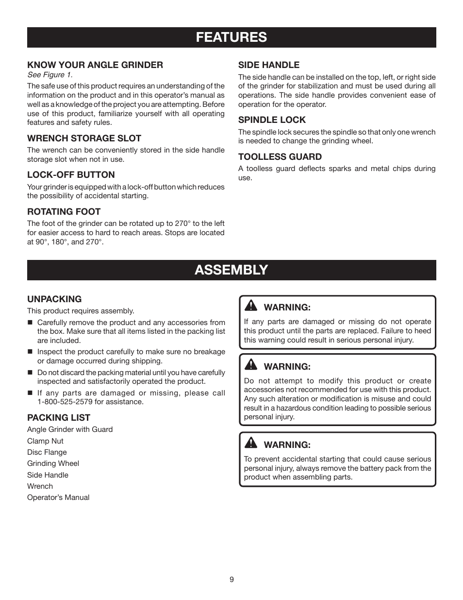 Features, Assembly | Ryobi P420 User Manual | Page 9 / 18
