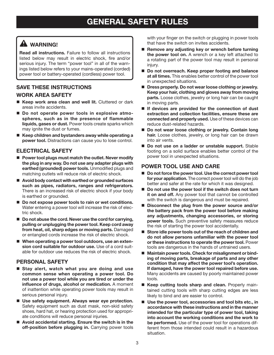 General safety rules | Ryobi CFS1503K User Manual | Page 3 / 14