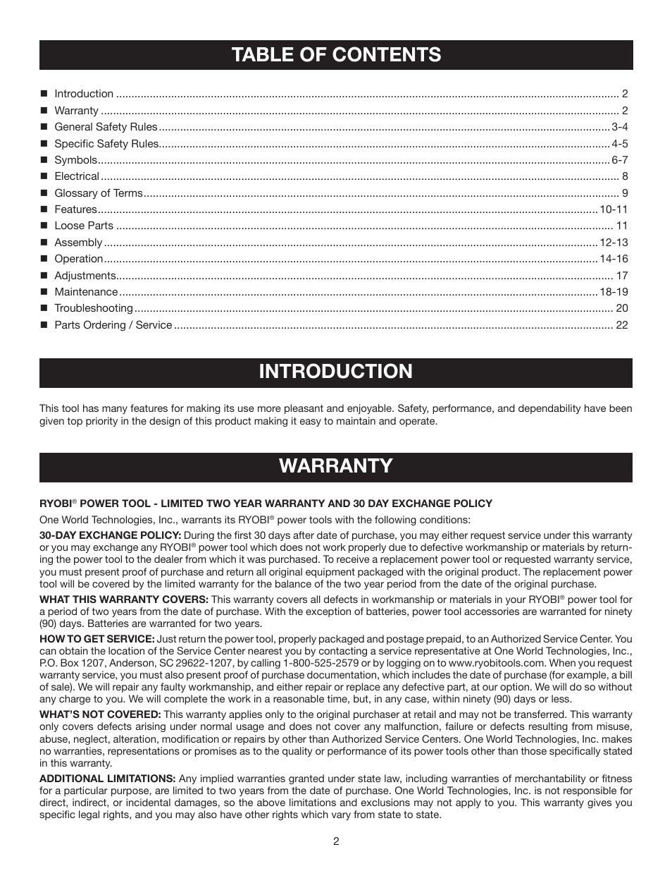 Table of contents introduction, Warranty | Ryobi AP1301 User Manual | Page 2 / 22